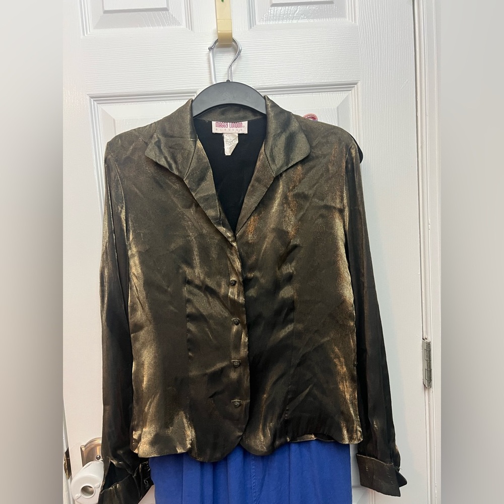 Vintage Maggie London - size 10 - metallic gold/green - blouse EUC